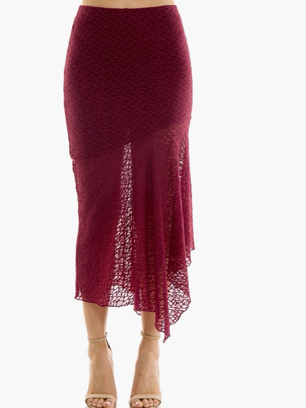 NEW Urban Social Lace Semi Sheer MIDI Skirt Asymmetrical Burgundy size XS 0 2